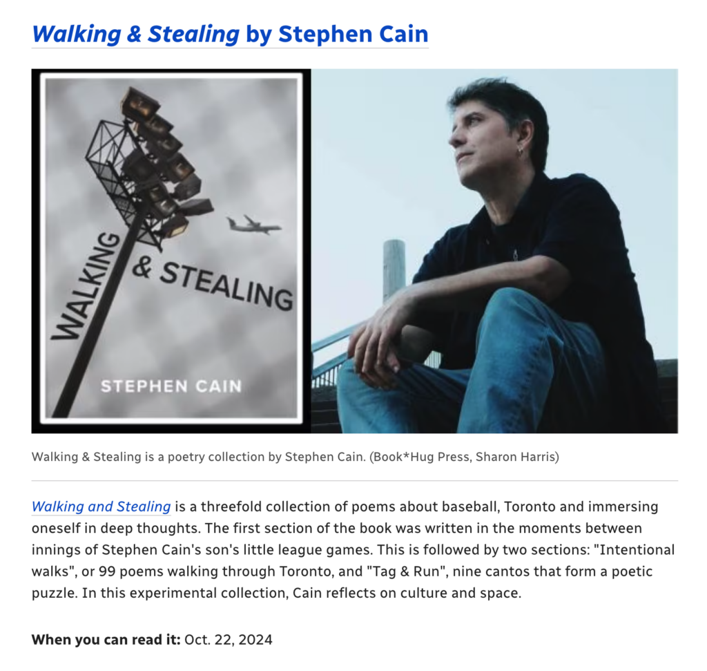 A screenshot from a CBC Books article on 44 Canadian poetry collections to watch for featuring Walking & Stealing by Professor Stephen Cain.